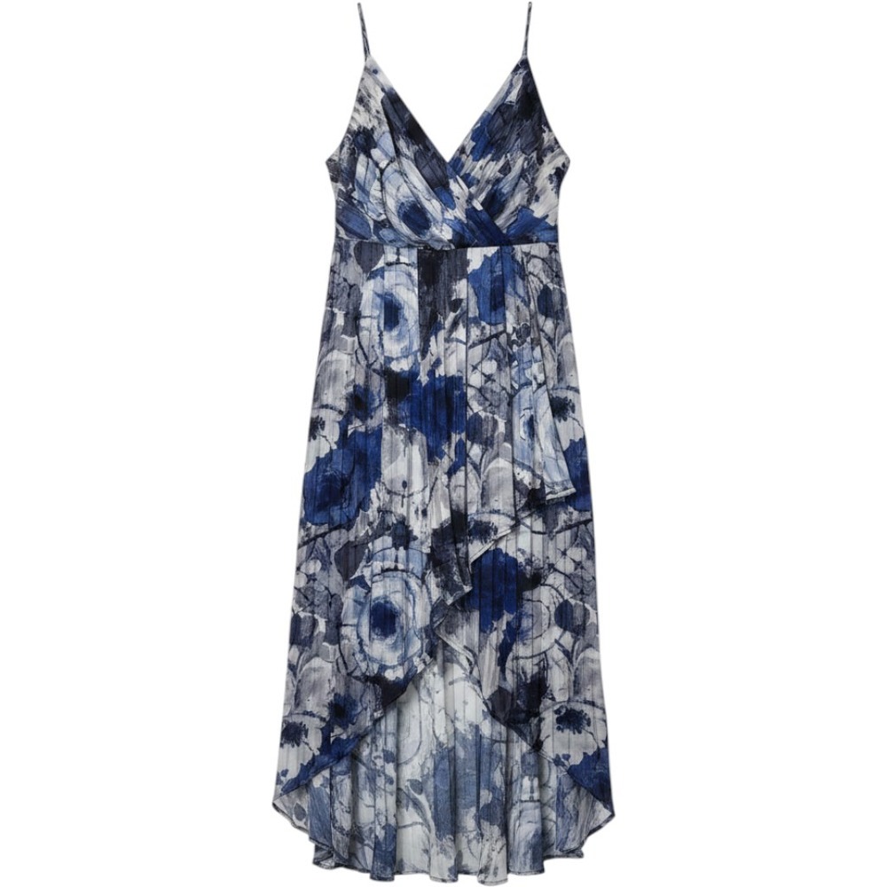 Lulus Blue Floral‎ High Low Maxi Dress Pleated Metallic Stripe Surplice Size L